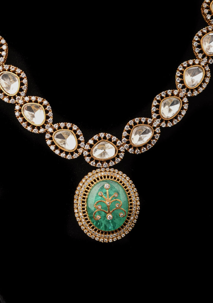 Victorian Finish Green Carved Stone Pendant Necklace Set