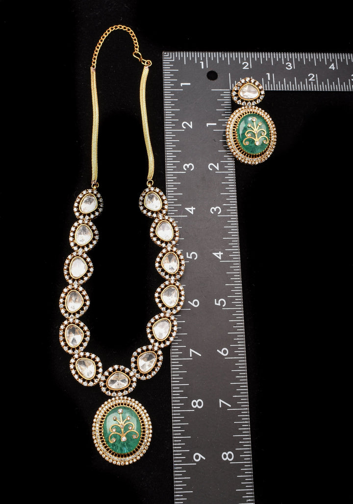 Victorian Finish Green Carved Stone Pendant Necklace Set