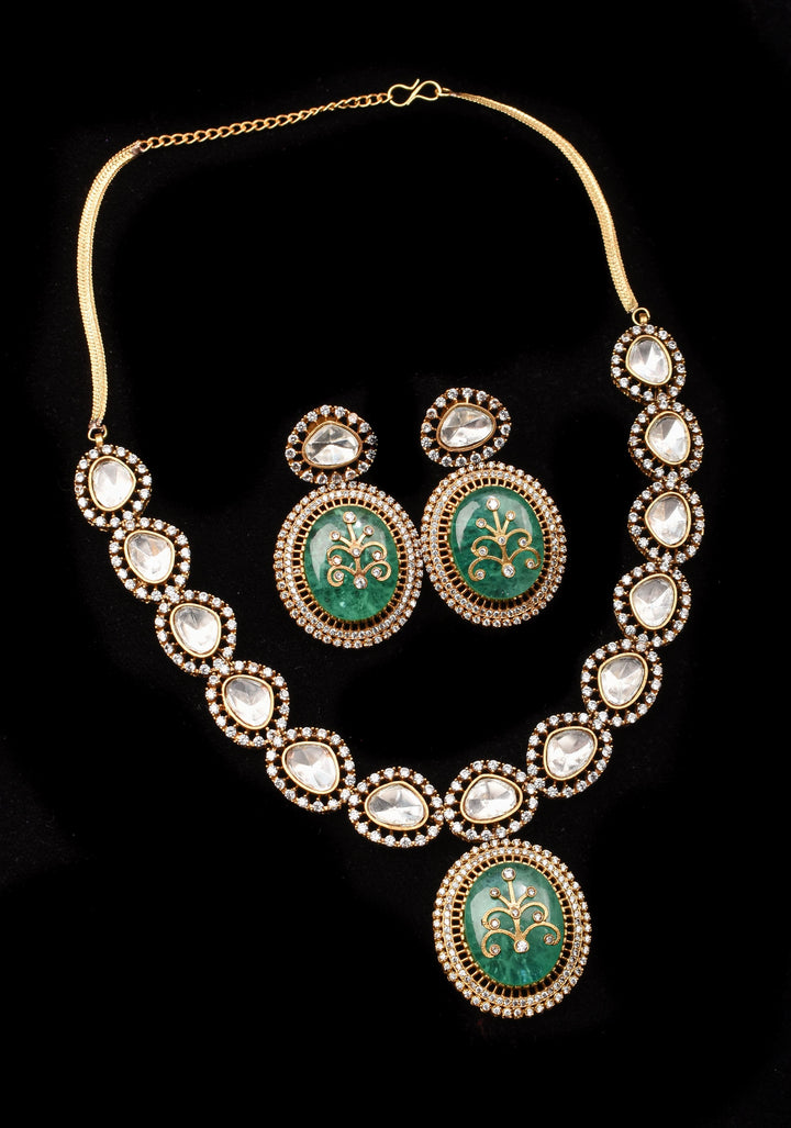 Victorian Finish Green Carved Stone Pendant Necklace Set