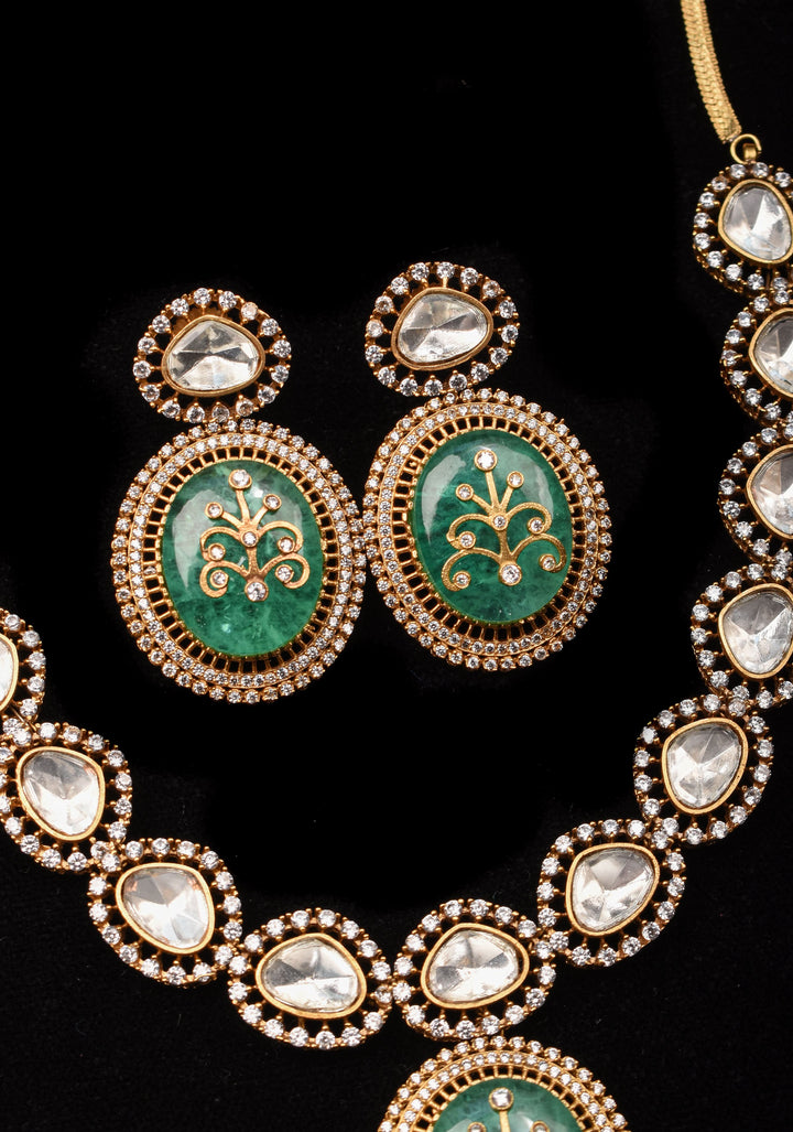 Victorian Finish Green Carved Stone Pendant Necklace Set