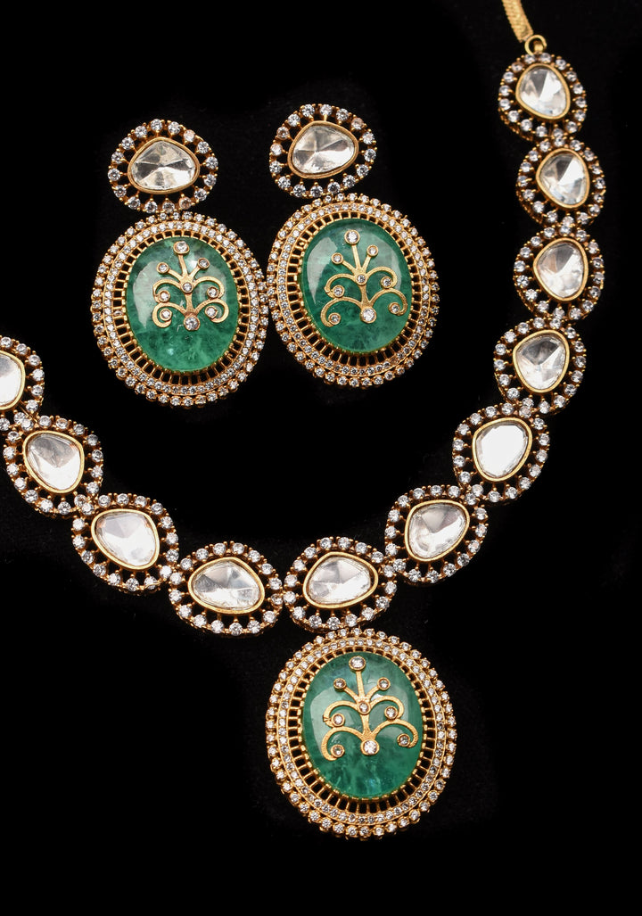 Victorian Finish Green Carved Stone Pendant Necklace Set