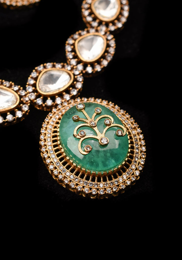 Victorian Finish Green Carved Stone Pendant Necklace Set