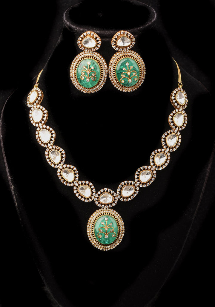 Victorian Finish Green Carved Stone Pendant Necklace Set