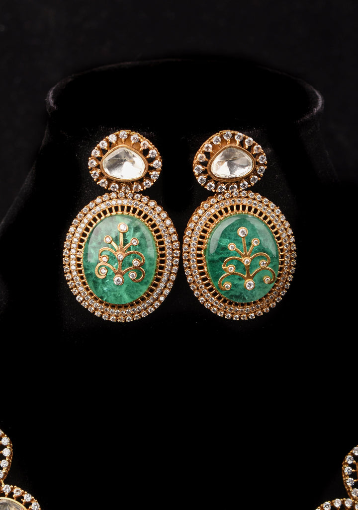 Victorian Finish Green Carved Stone Pendant Necklace Set