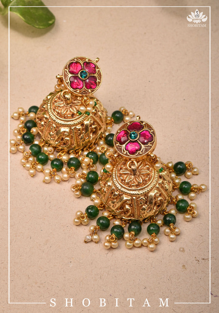 2.5" Nagas Style  jhumkas with jadau set stones | Shobitam Jewelry