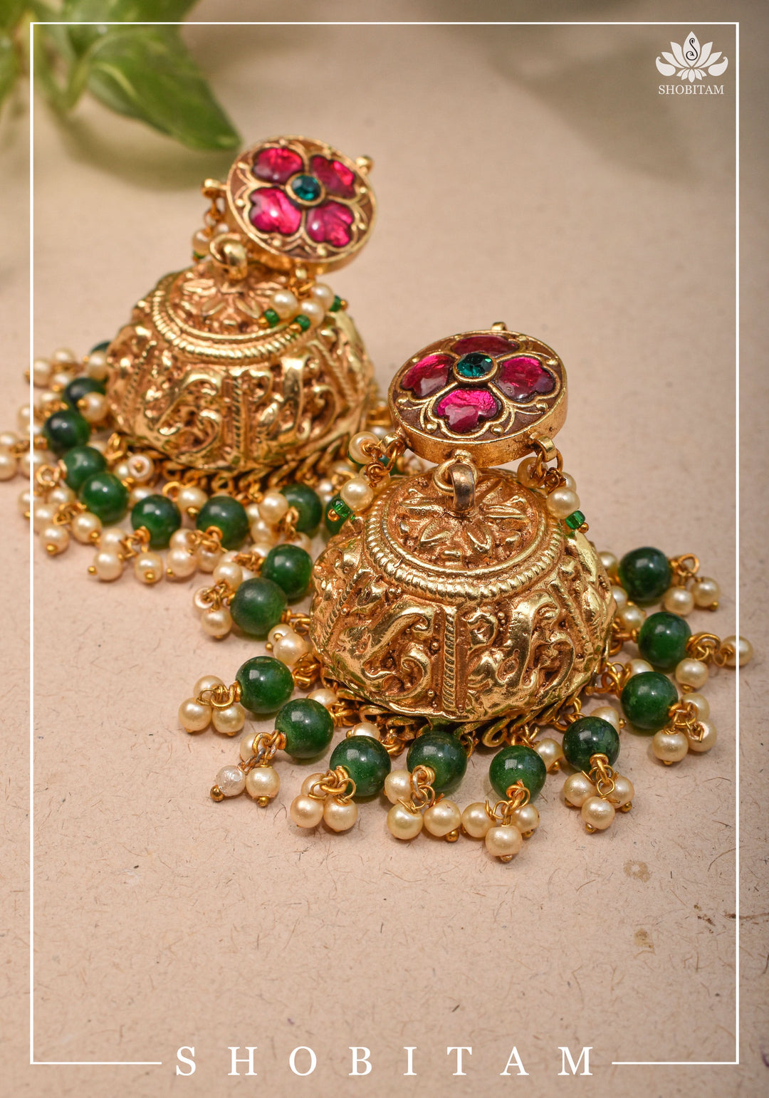 2.5" Nagas Style  jhumkas with jadau set stones | Shobitam Jewelry