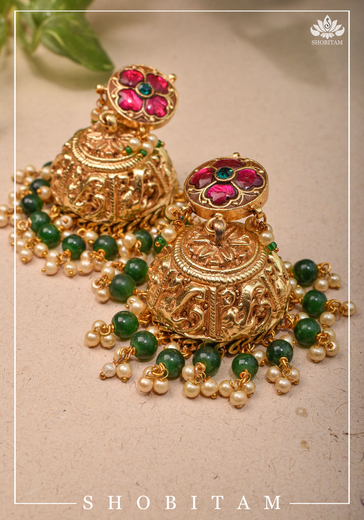 2.5" Nagas Style  jhumkas with jadau set stones | Shobitam Jewelry