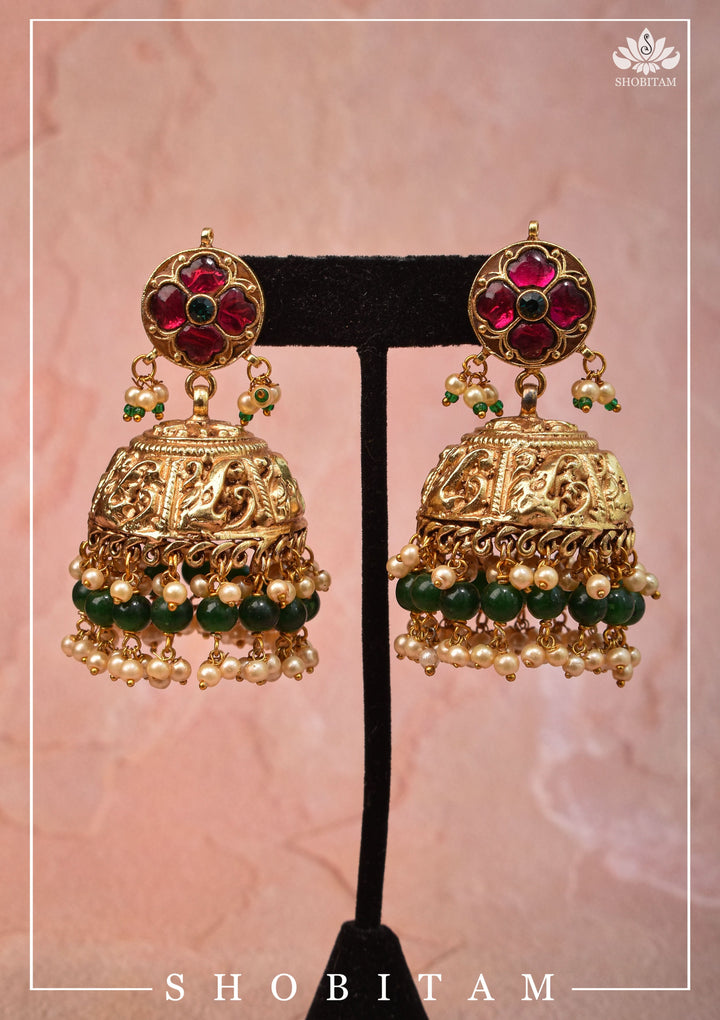 2.5" Nagas Style  jhumkas with jadau set stones | Shobitam Jewelry