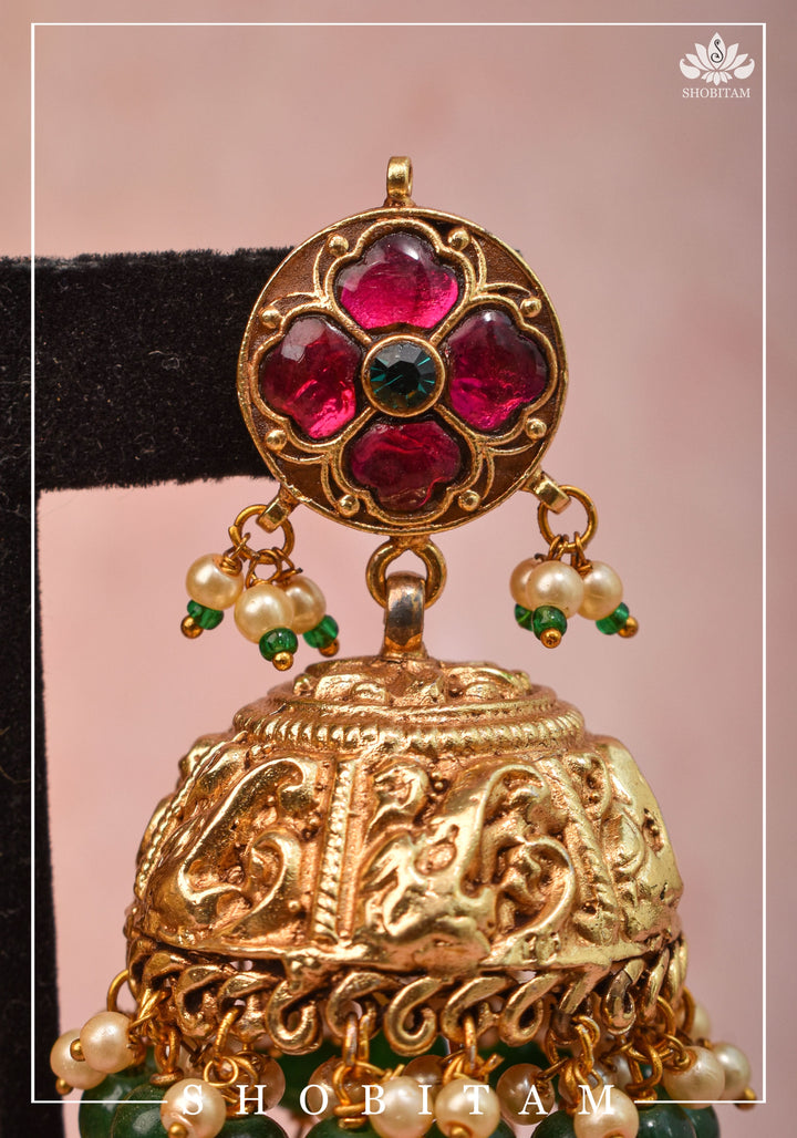 2.5" Nagas Style  jhumkas with jadau set stones | Shobitam Jewelry