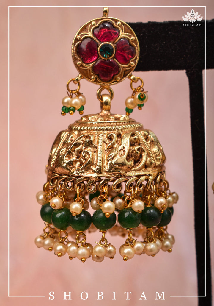 2.5" Nagas Style  jhumkas with jadau set stones | Shobitam Jewelry