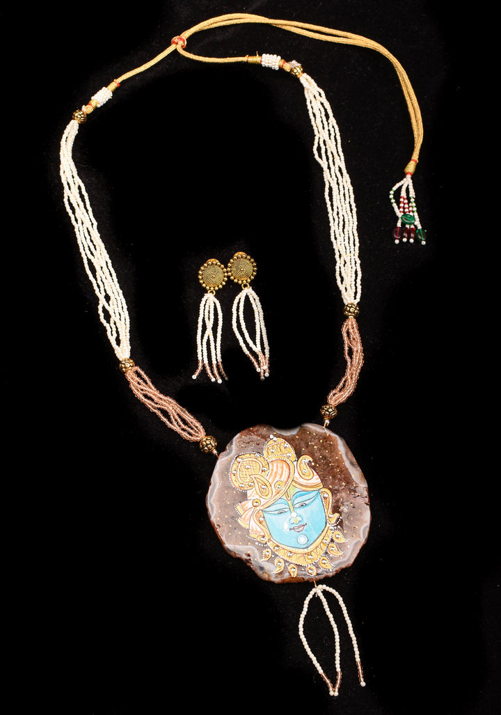 Krishna Face  handpainted on Agate Stone Necklace Set | Shobitam Jewelry