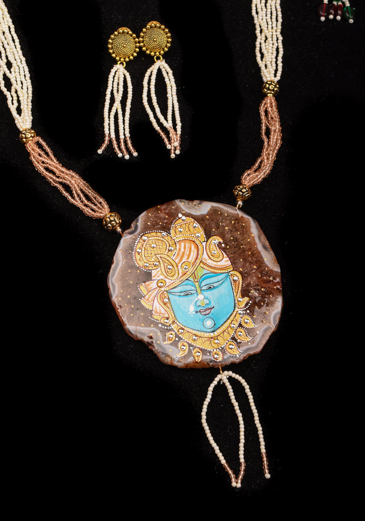 Krishna Face  handpainted on Agate Stone Necklace Set | Shobitam Jewelry