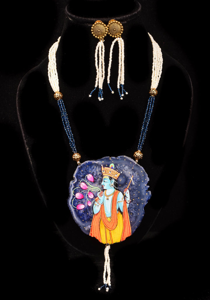 Krishna handpainted on Agate Stone Necklace Set | Shobitam Jewelry