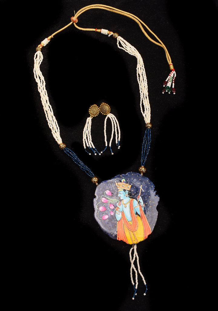 Krishna handpainted on Agate Stone Necklace Set | Shobitam Jewelry