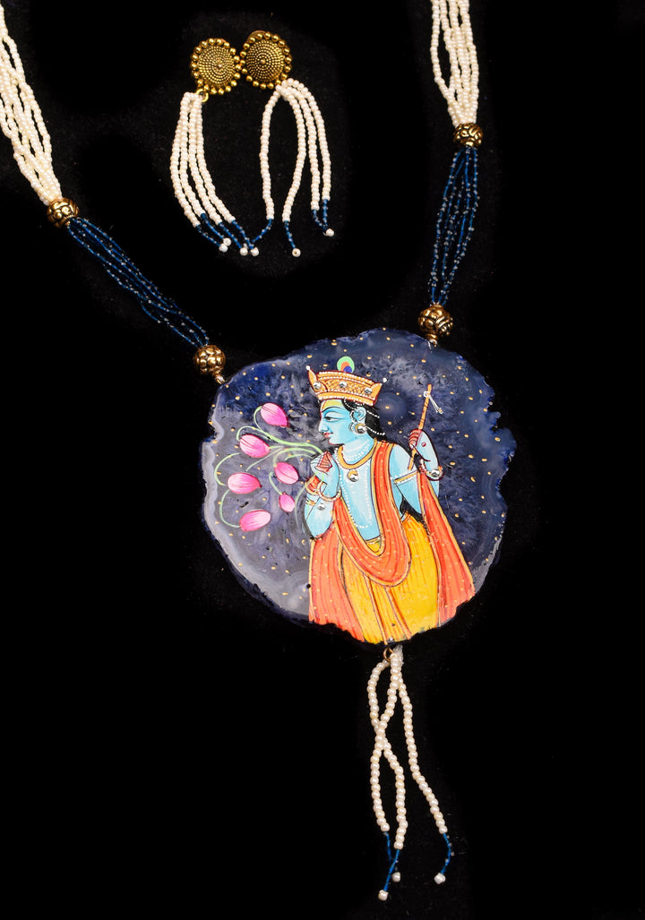 Krishna handpainted on Agate Stone Necklace Set | Shobitam Jewelry