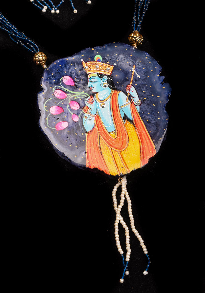 Krishna handpainted on Agate Stone Necklace Set | Shobitam Jewelry