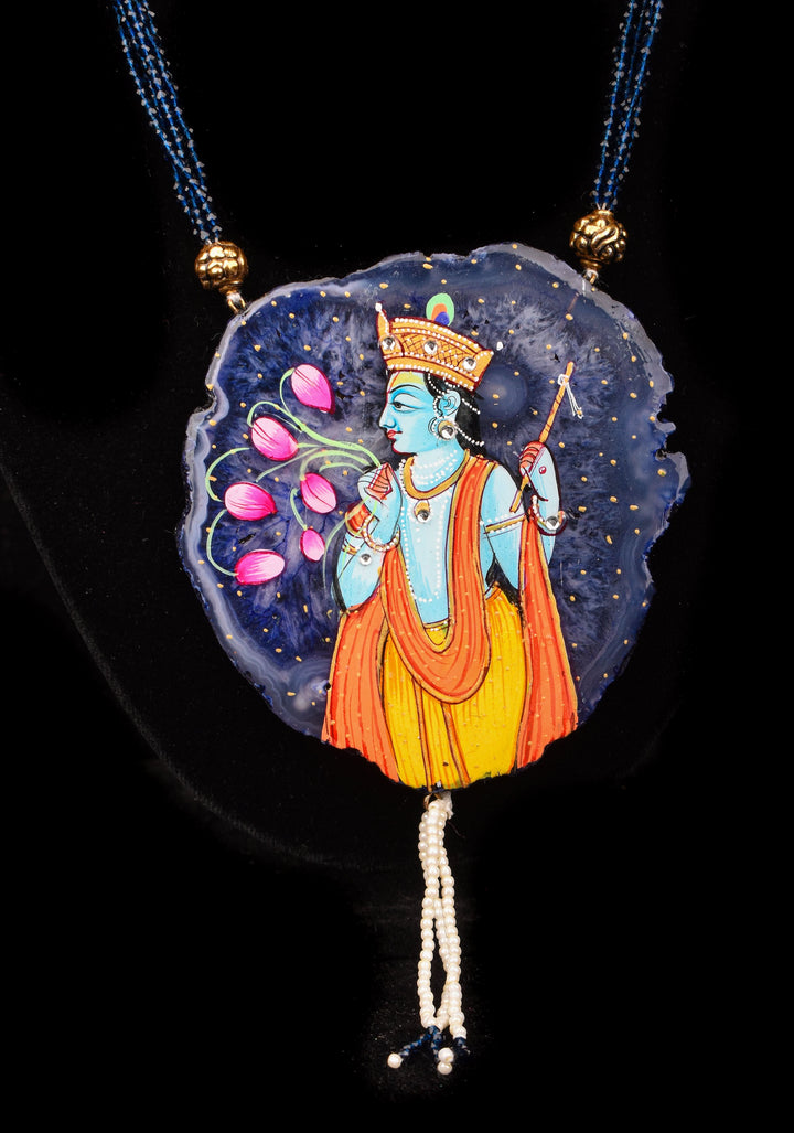 Krishna handpainted on Agate Stone Necklace Set | Shobitam Jewelry
