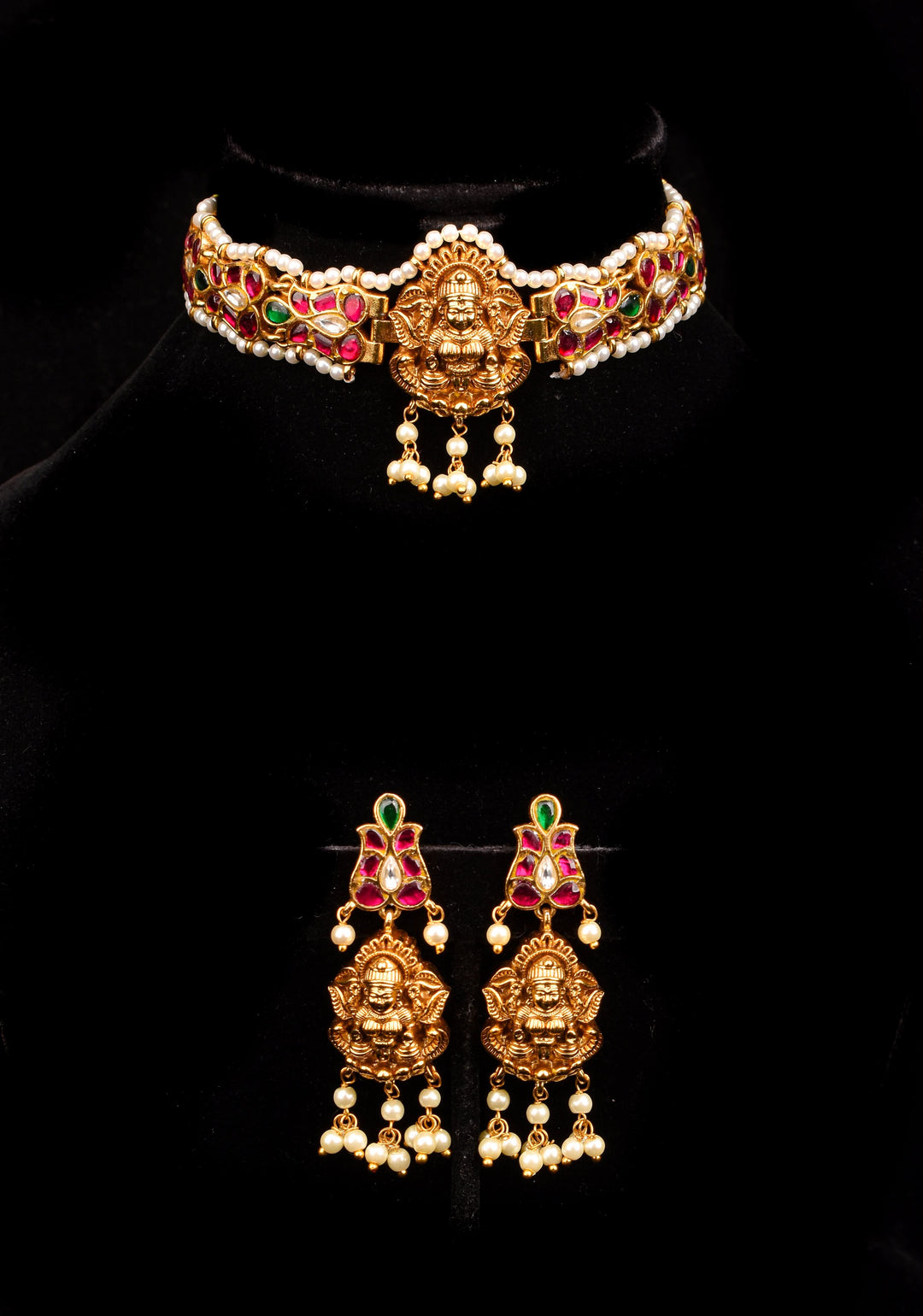 Lakshmi Nagas in Antique Gold and Jadau Fusion Choker and earrings set