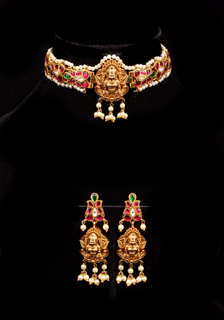 Lakshmi Nagas in Antique Gold and Jadau Fusion Choker and earrings set