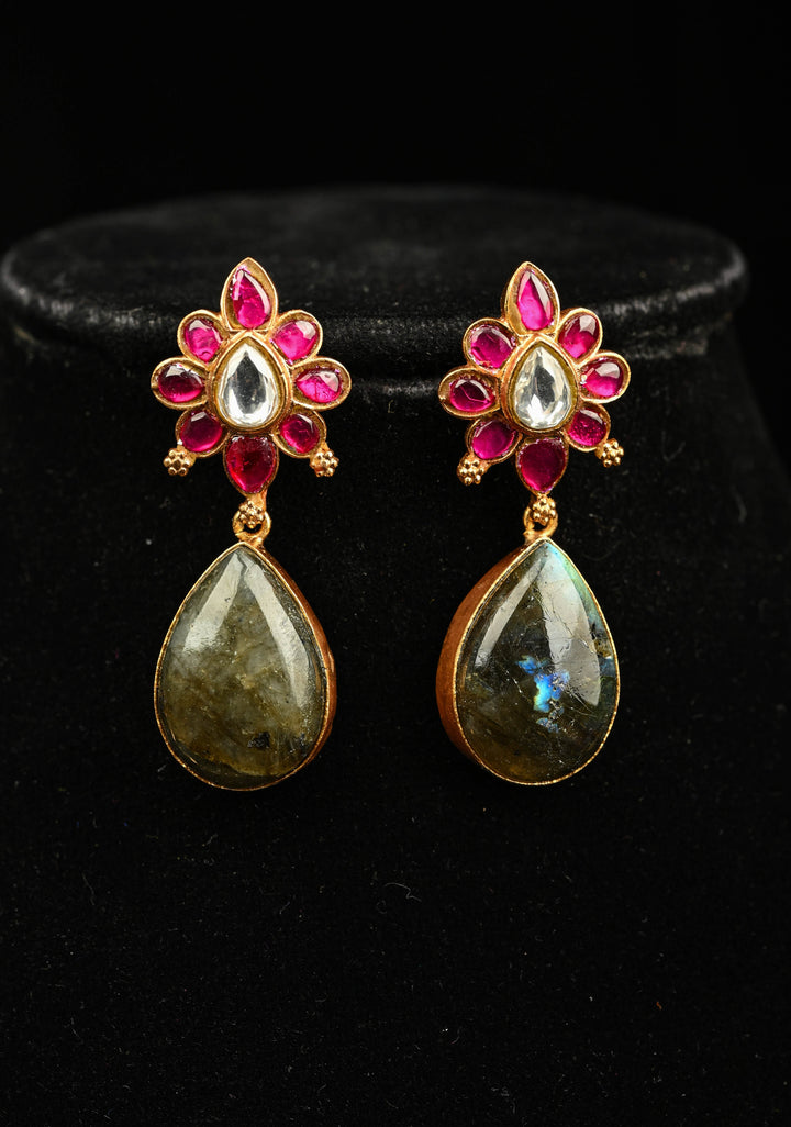 Chunky Stones Jadau Necklace with Twin Peacock Pendant and earrings set | Shobitam Jewelry