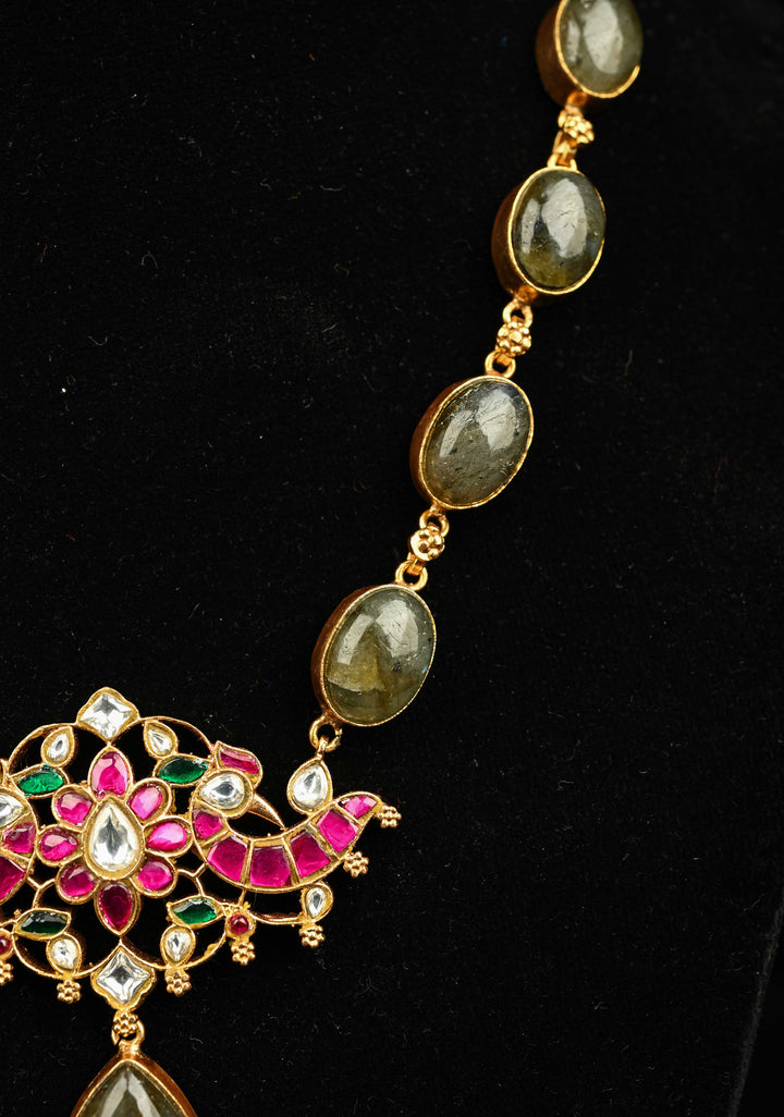 Chunky Stones Jadau Necklace with Twin Peacock Pendant and earrings set | Shobitam Jewelry