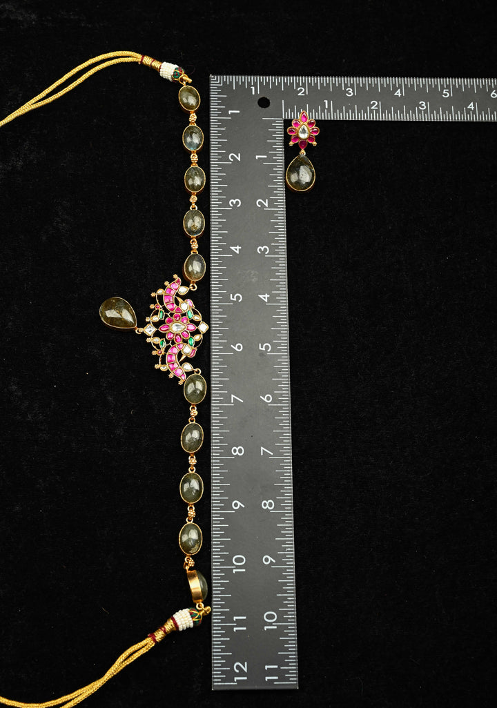 Chunky Stones Jadau Necklace with Twin Peacock Pendant and earrings set | Shobitam Jewelry