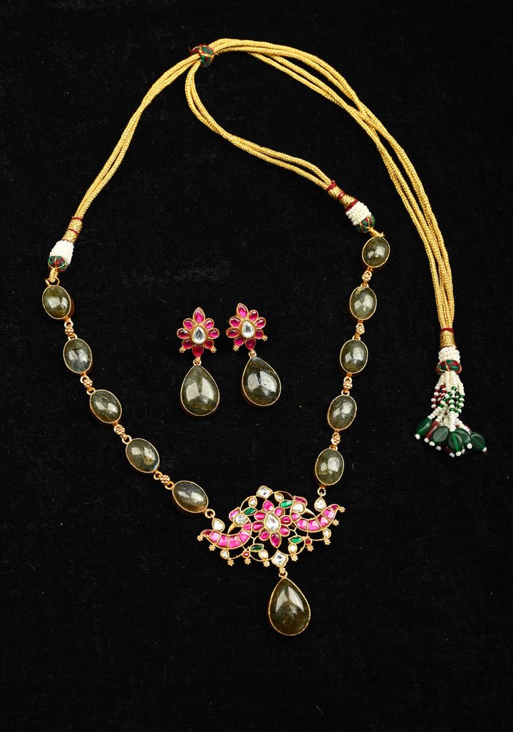 Chunky Stones Jadau Necklace with Twin Peacock Pendant and earrings set | Shobitam Jewelry