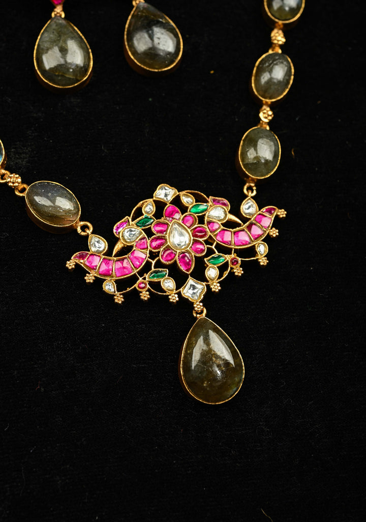 Chunky Stones Jadau Necklace with Twin Peacock Pendant and earrings set | Shobitam Jewelry