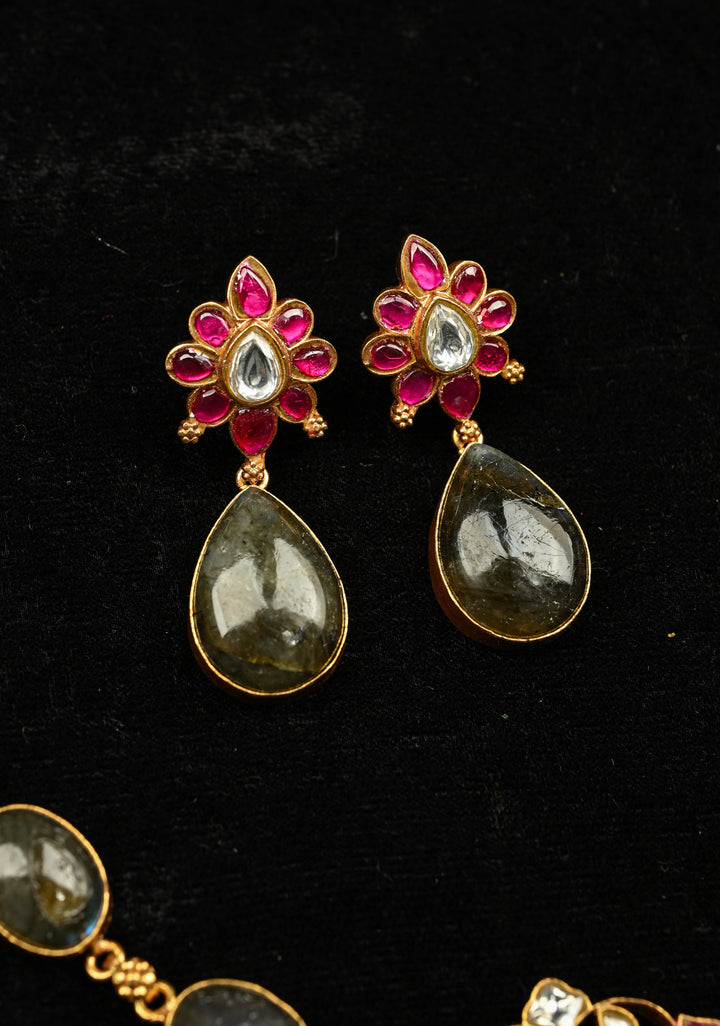 Chunky Stones Jadau Necklace with Twin Peacock Pendant and earrings set | Shobitam Jewelry