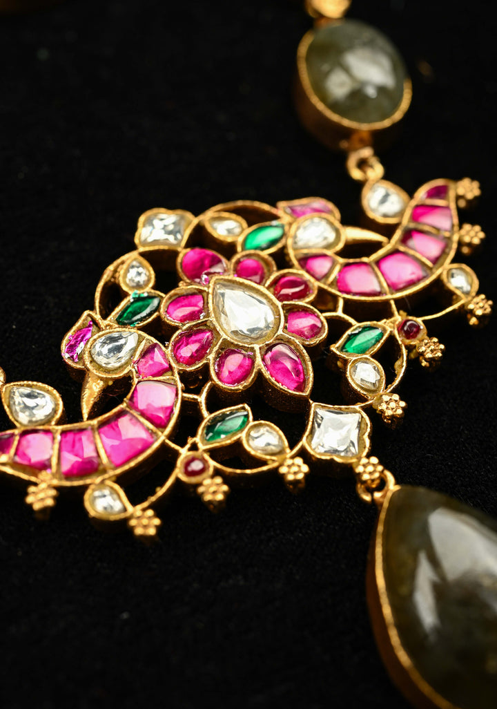 Chunky Stones Jadau Necklace with Twin Peacock Pendant and earrings set | Shobitam Jewelry
