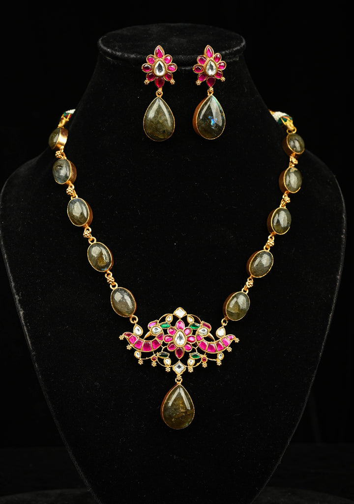Chunky Stones Jadau Necklace with Twin Peacock Pendant and earrings set | Shobitam Jewelry