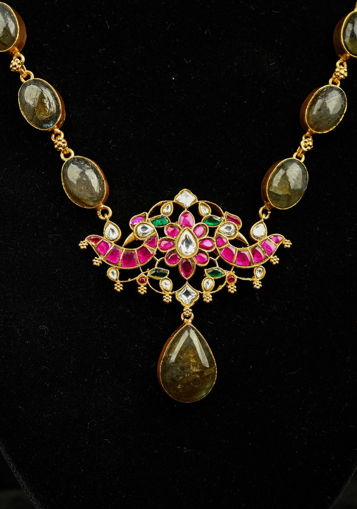 Chunky Stones Jadau Necklace with Twin Peacock Pendant and earrings set | Shobitam Jewelry