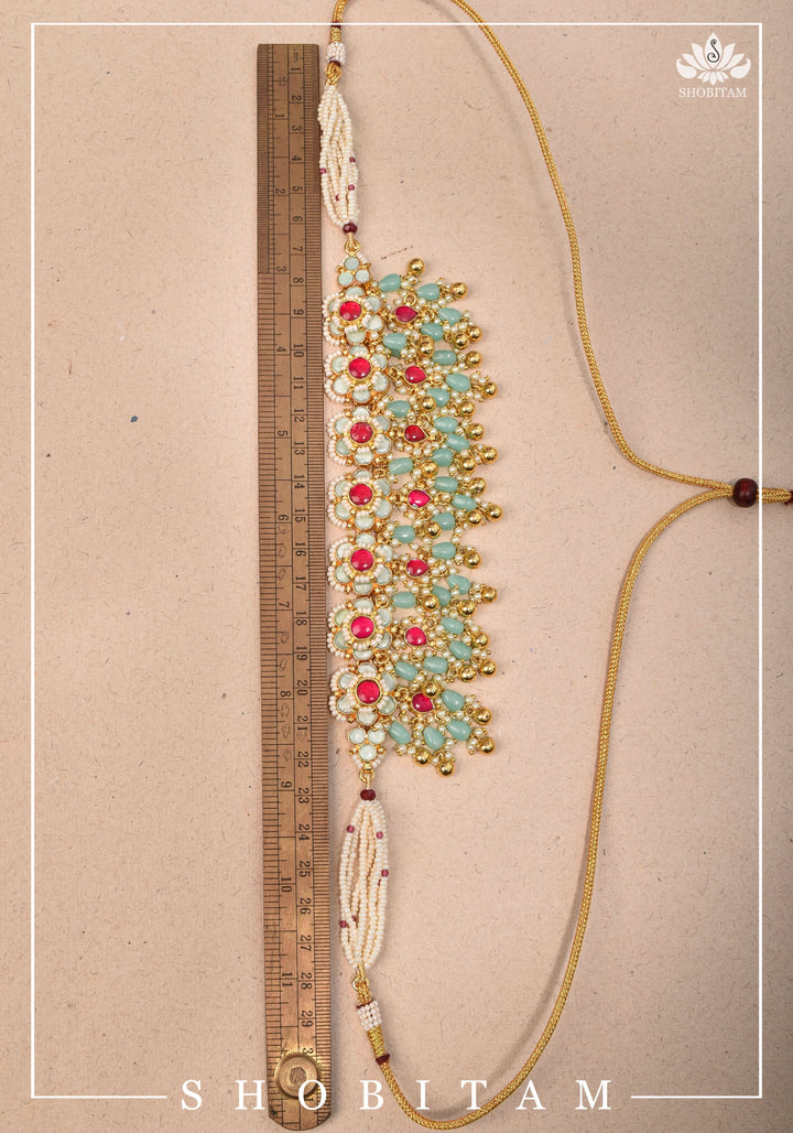 Blue tone Exquisite Jadau Floral Design Jewelry Choker set with  blue and gold dangling beads | Shobitam Jewelery