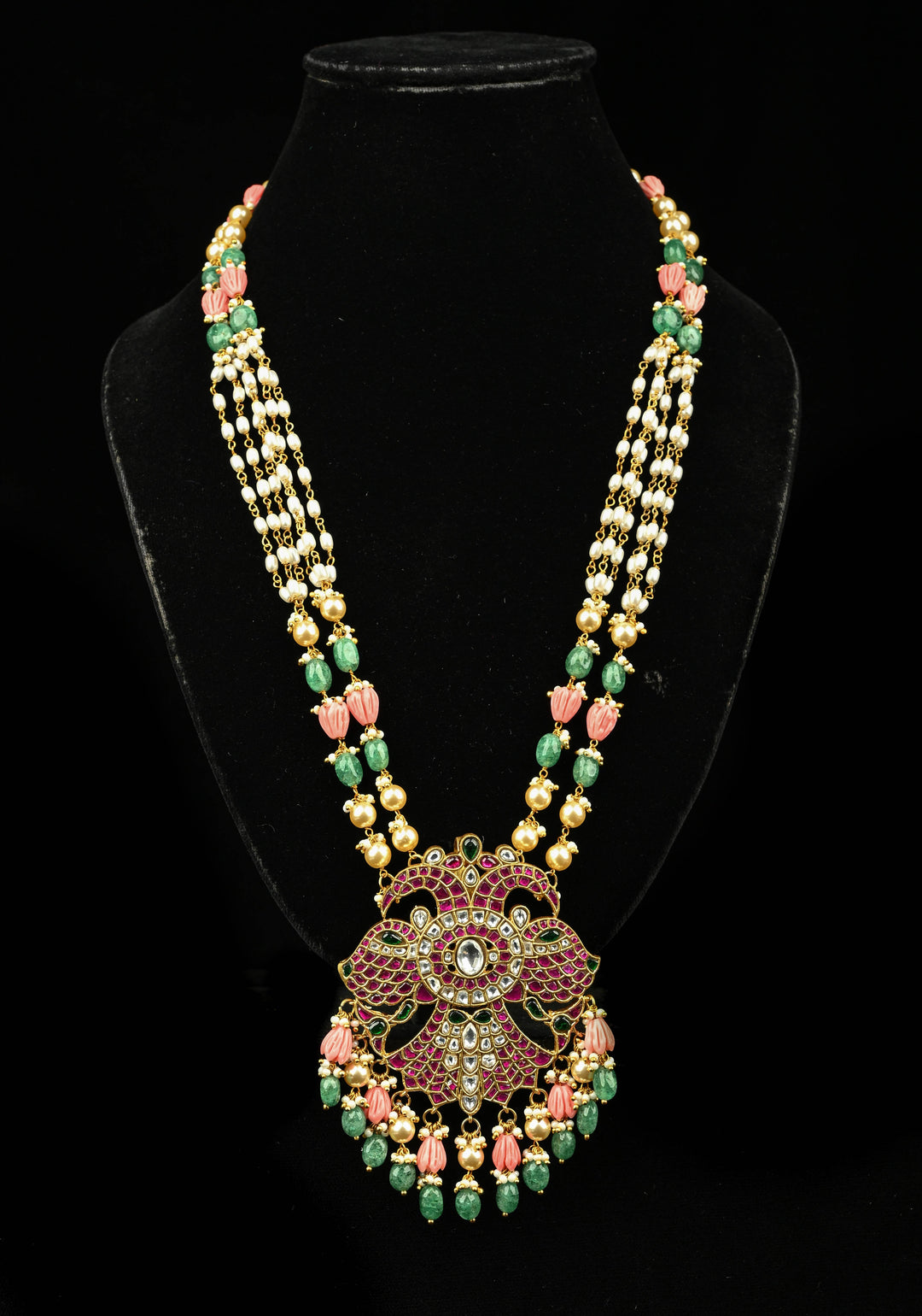 Statement pendant in peacock motif necklace with polki stones pearls and Dangling Beads | Shobitam Jewelry