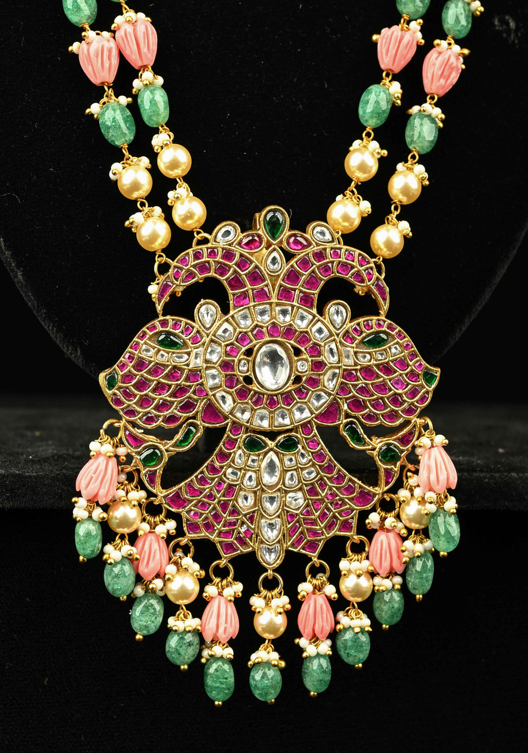 Statement pendant in peacock motif necklace with polki stones pearls and Dangling Beads | Shobitam Jewelry