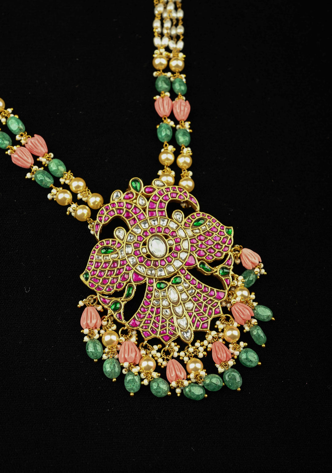 Statement pendant in peacock motif necklace with polki stones pearls and Dangling Beads | Shobitam Jewelry