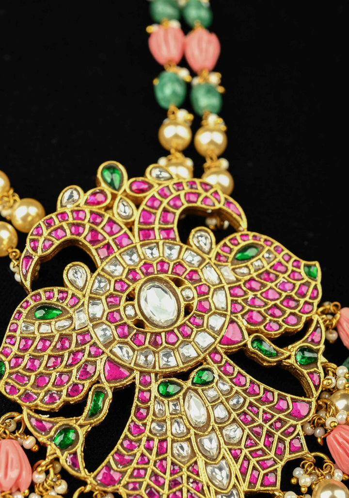 Statement pendant in peacock motif necklace with polki stones pearls and Dangling Beads | Shobitam Jewelry