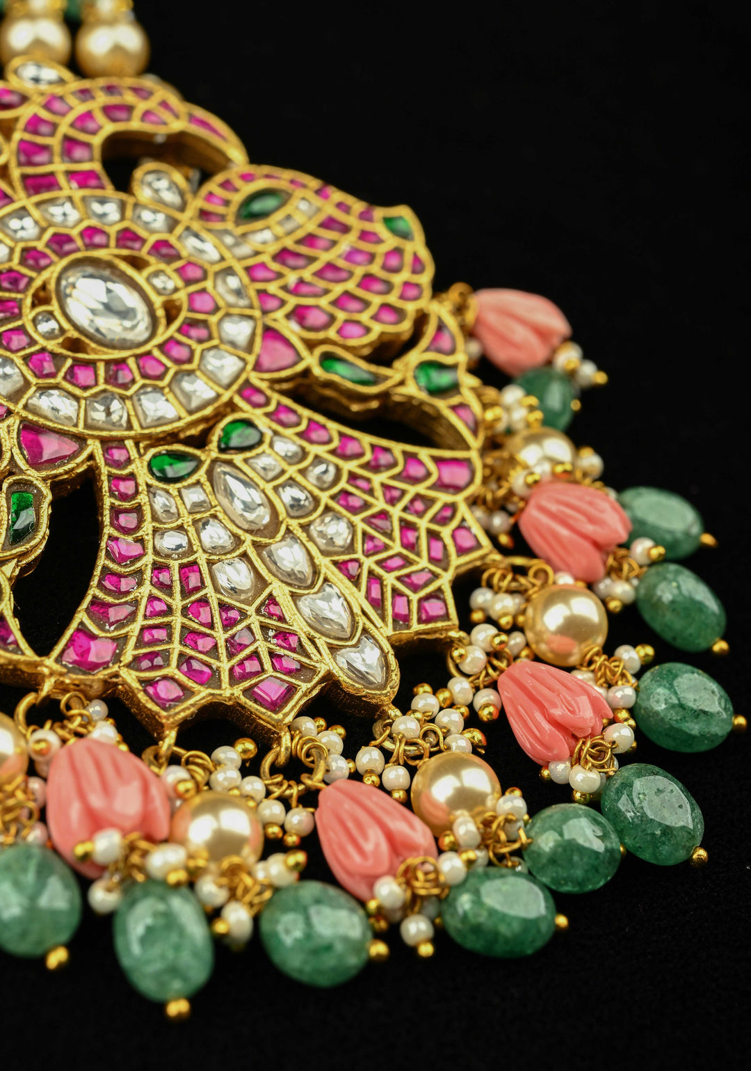Statement pendant in peacock motif necklace with polki stones pearls and Dangling Beads | Shobitam Jewelry