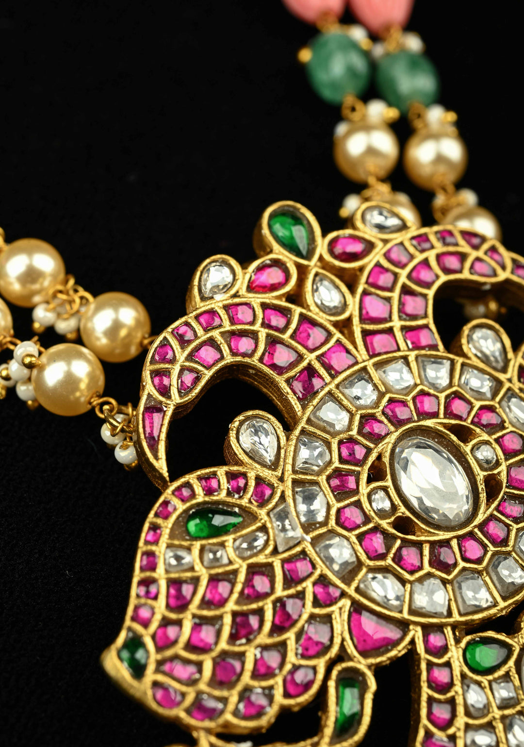 Statement pendant in peacock motif necklace with polki stones pearls and Dangling Beads | Shobitam Jewelry