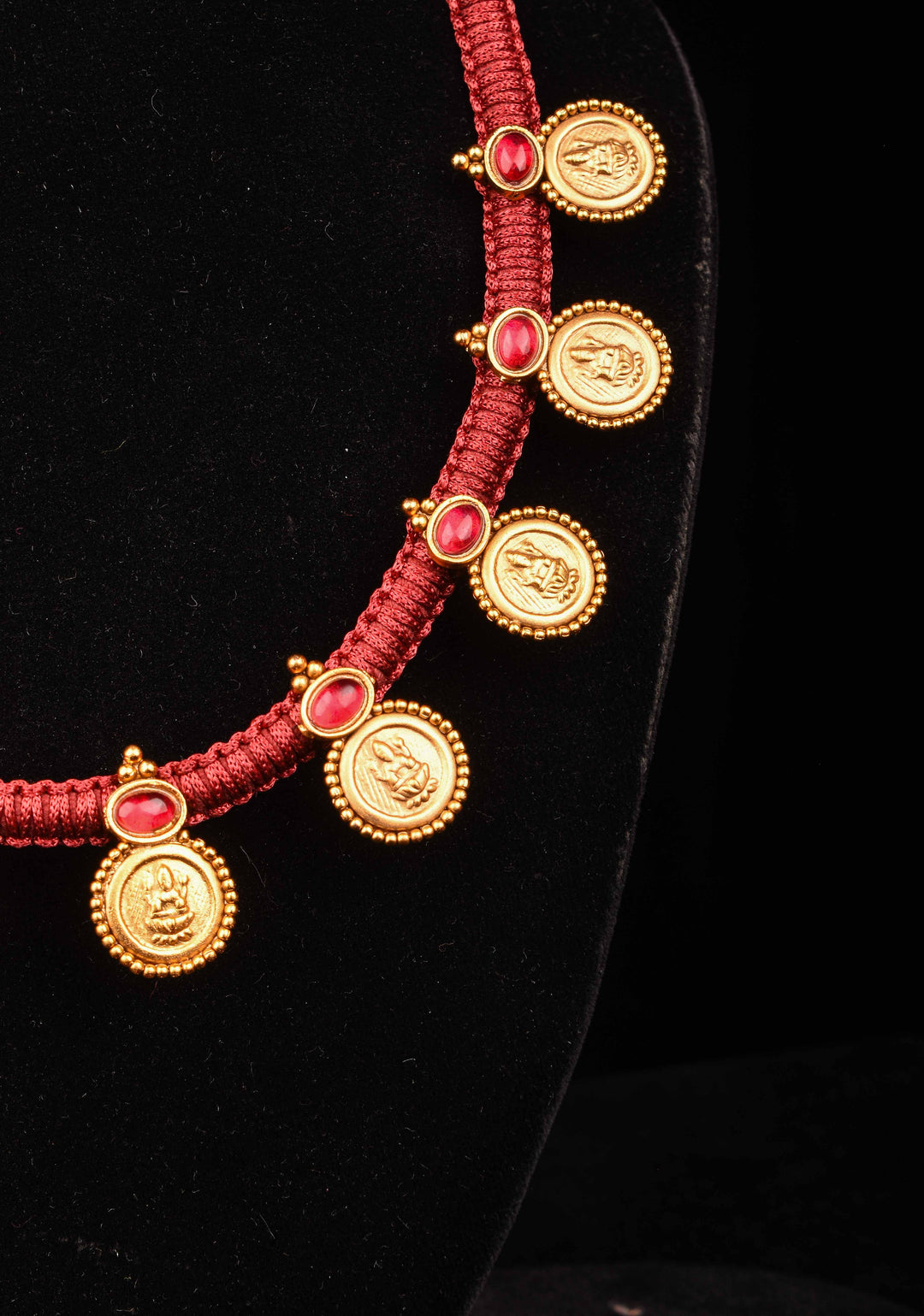 Red Thread Lakshmi Coin and Red stone Necklace and Earring Set