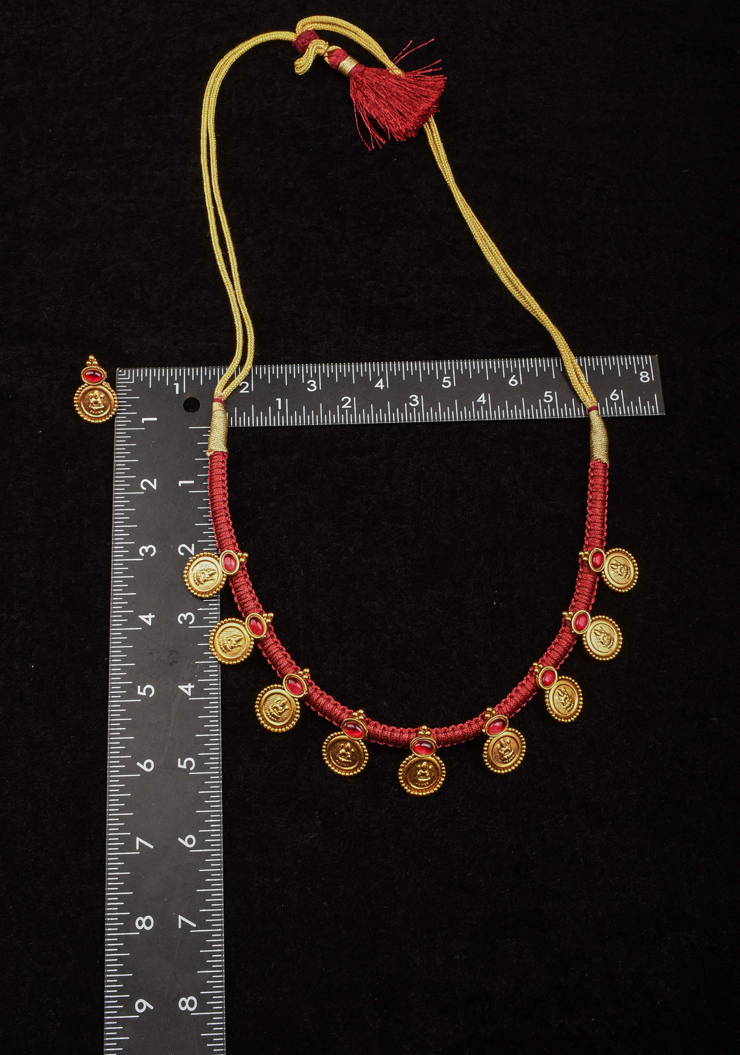 Red Thread Lakshmi Coin and Red stone Necklace and Earring Set