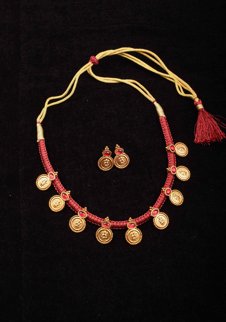 Red Thread Lakshmi Coin and Red stone Necklace and Earring Set