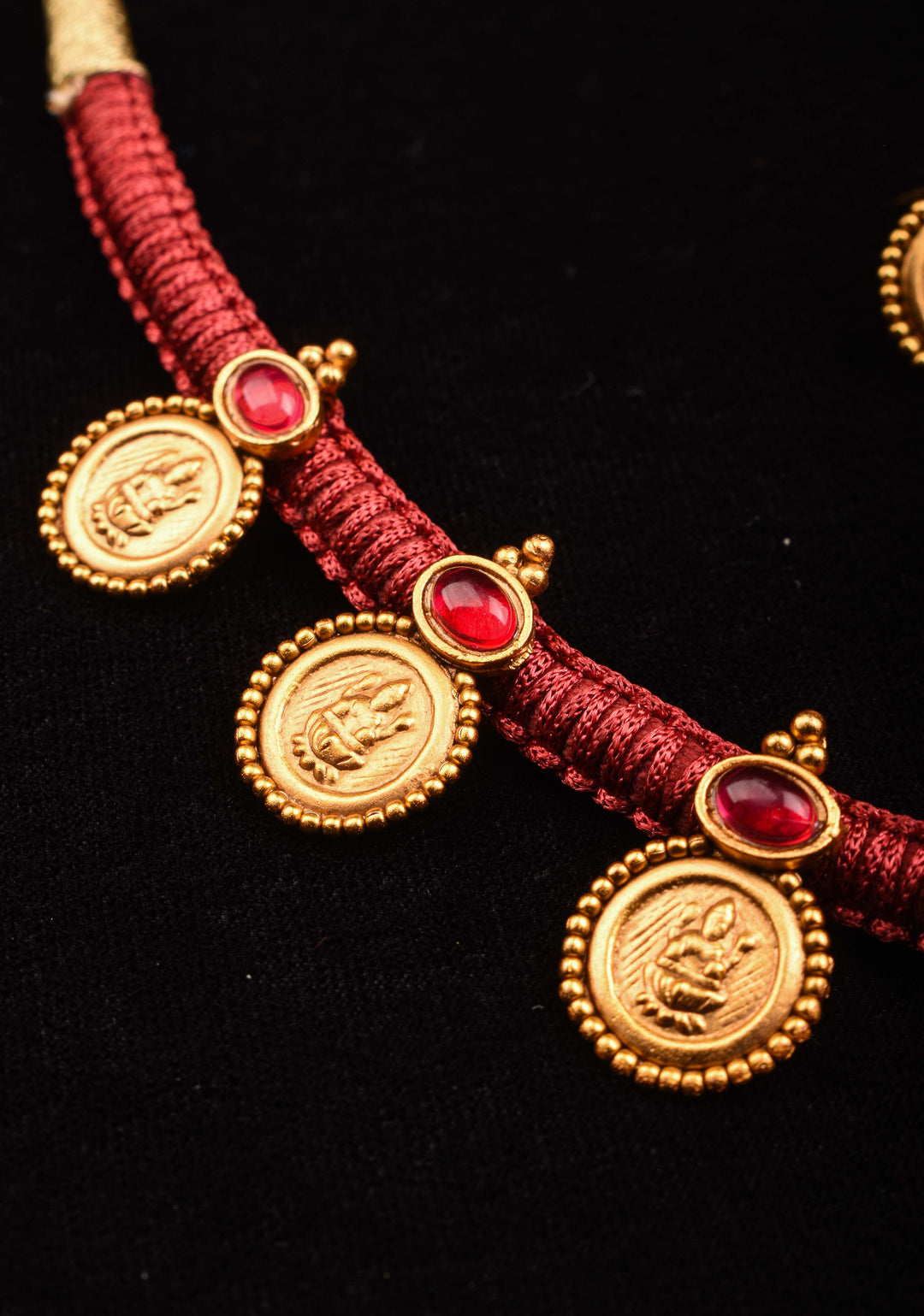 Red Thread Lakshmi Coin and Red stone Necklace and Earring Set
