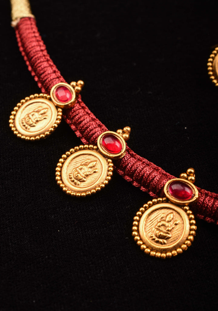 Red Thread Lakshmi Coin and Red stone Necklace and Earring Set