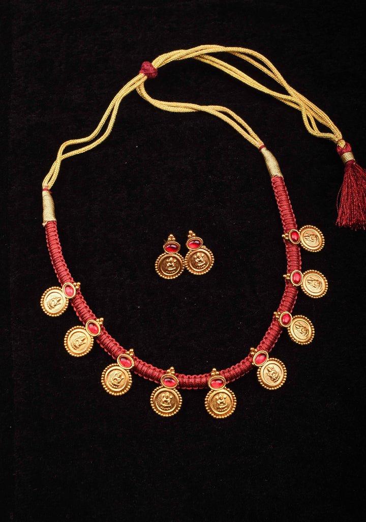 Red Thread Lakshmi Coin and Red stone Necklace and Earring Set