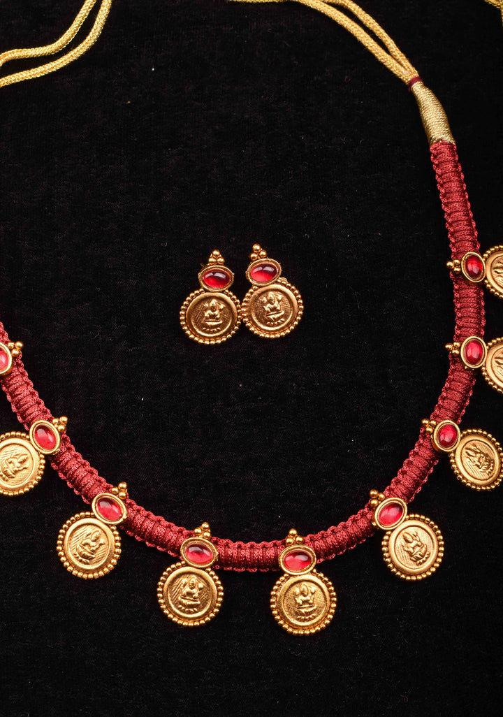 Red Thread Lakshmi Coin and Red stone Necklace and Earring Set