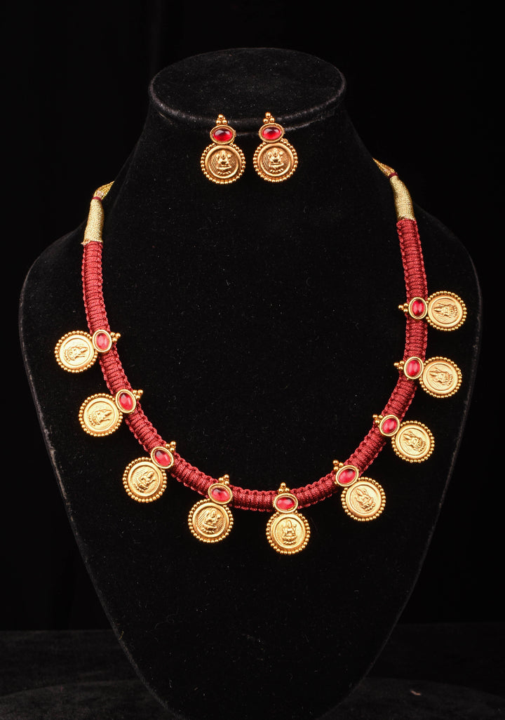 Red Thread Lakshmi Coin and Red stone Necklace and Earring Set