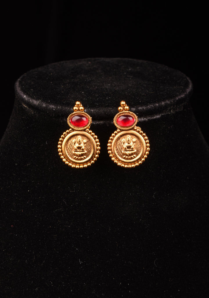 Red Thread Lakshmi Coin and Red stone Necklace and Earring Set