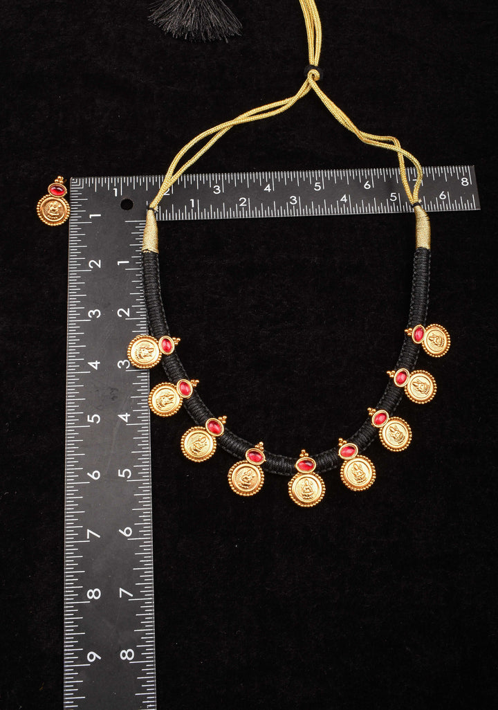 Black Thread Lakshmi Coin and Red Stone Necklace and Earring Set