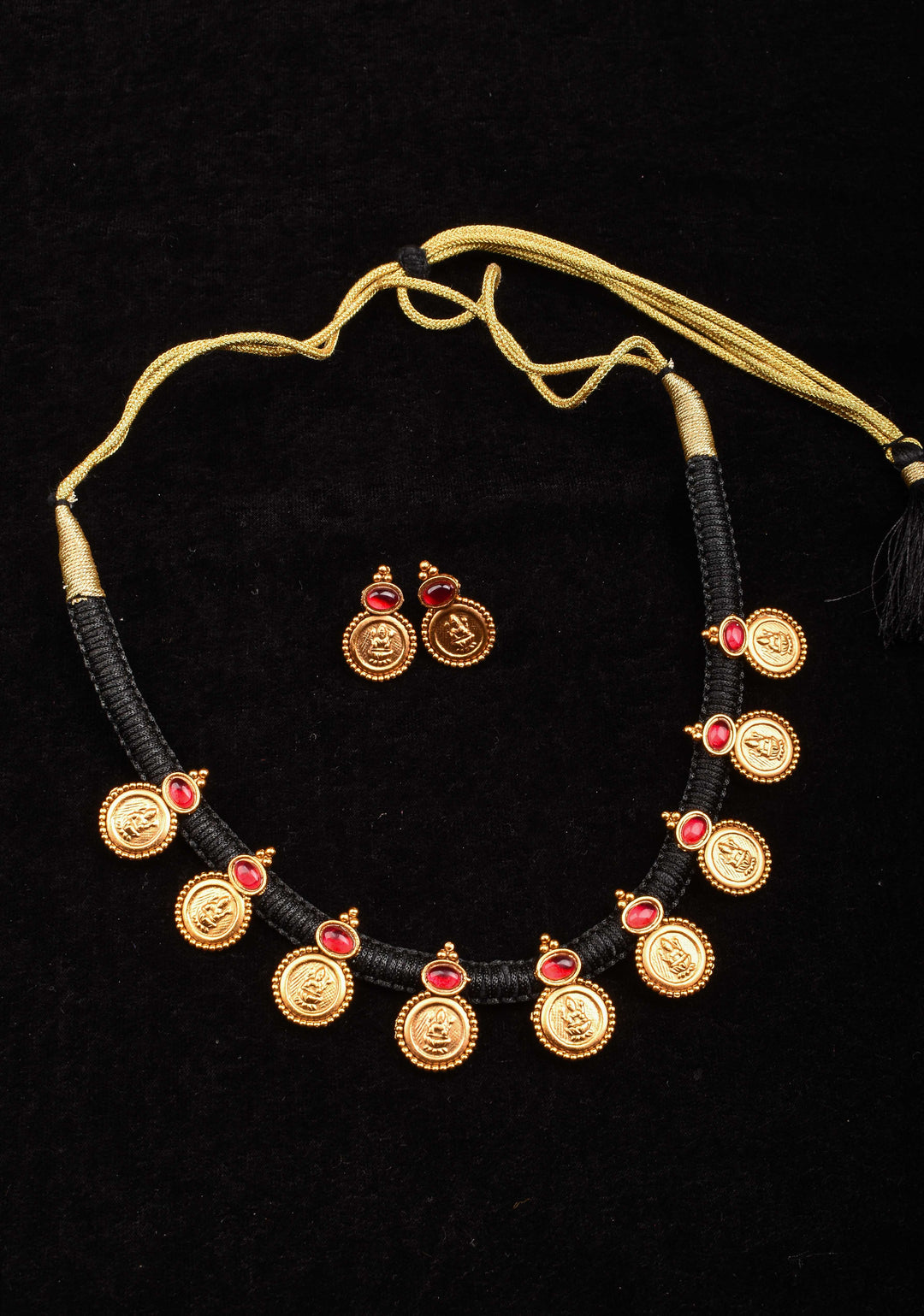 Black Thread Lakshmi Coin and Red Stone Necklace and Earring Set